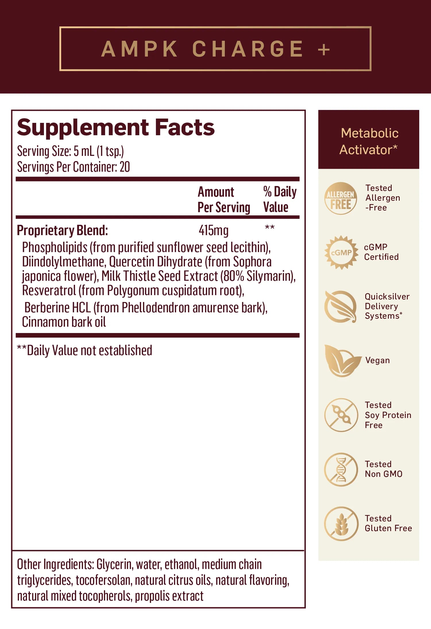 AMPK Charge+ by Quicksilver Scientific Supplement Facts