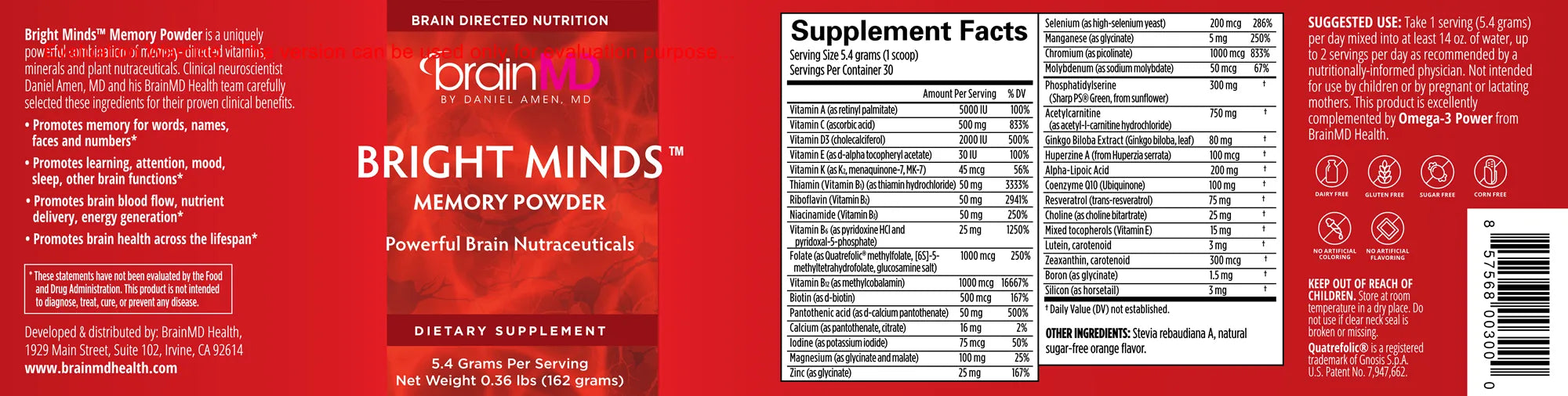 Bright Minds Memory by Brain MD Label