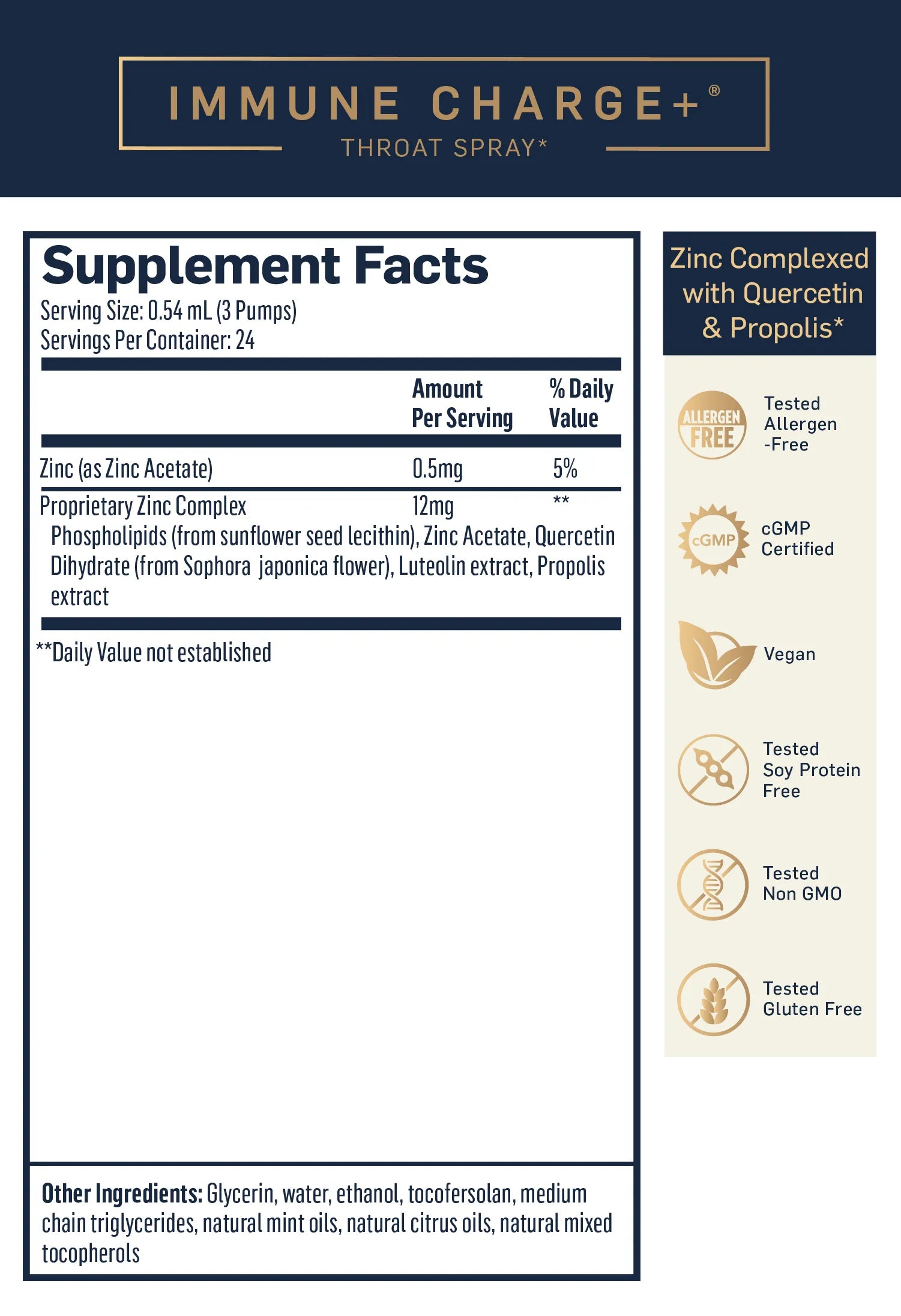 Immune Charge+ Throat Spray by Quicksilver Scientific Supplement Facts