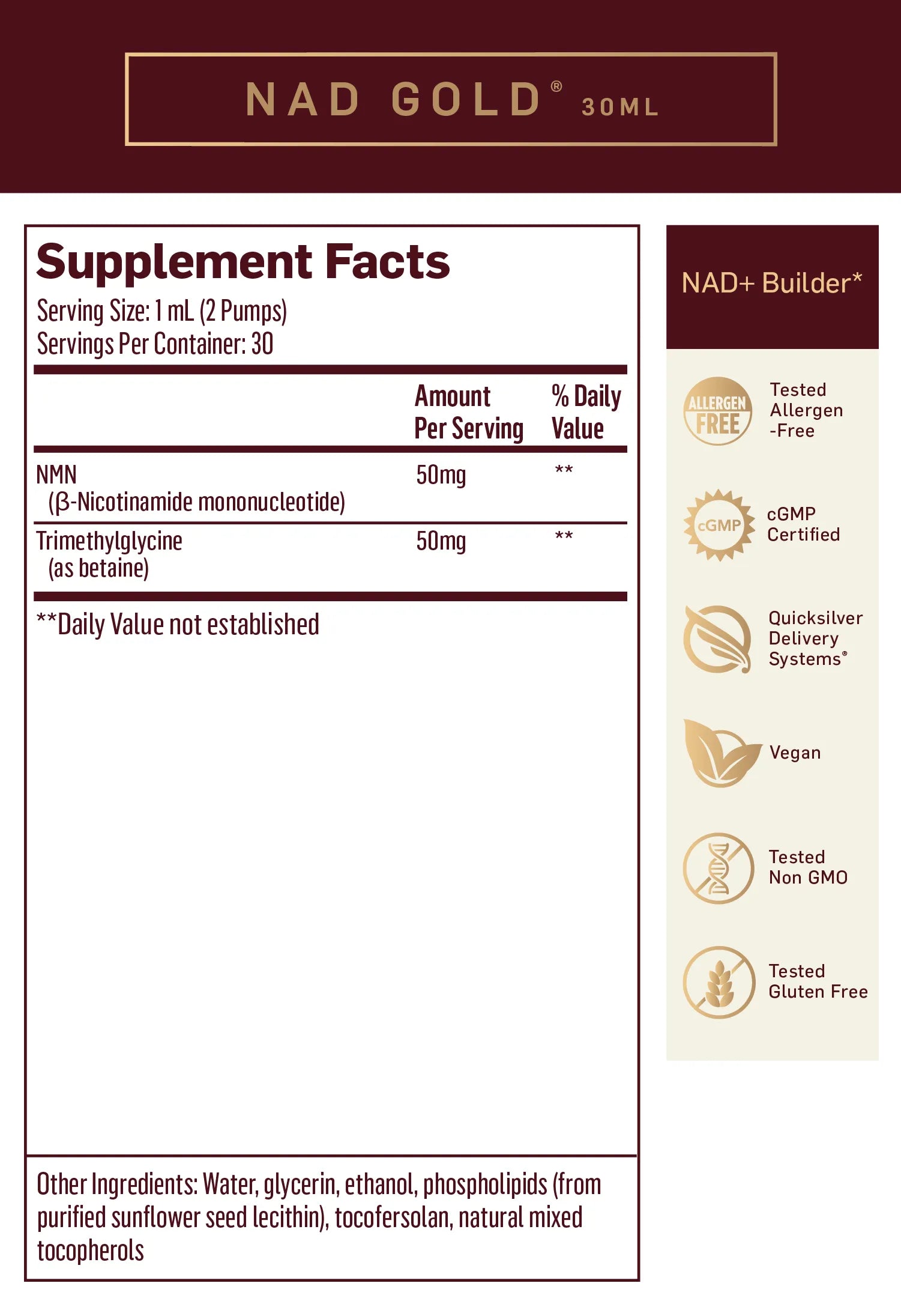 NAD+ Gold by Quicksilver Scientific Supplement Facts