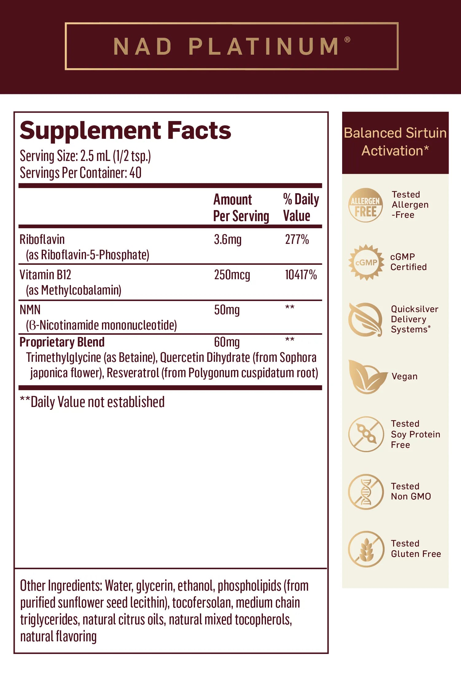 NAD+ Platinum by Quicksilver Scientific Supplement Facts