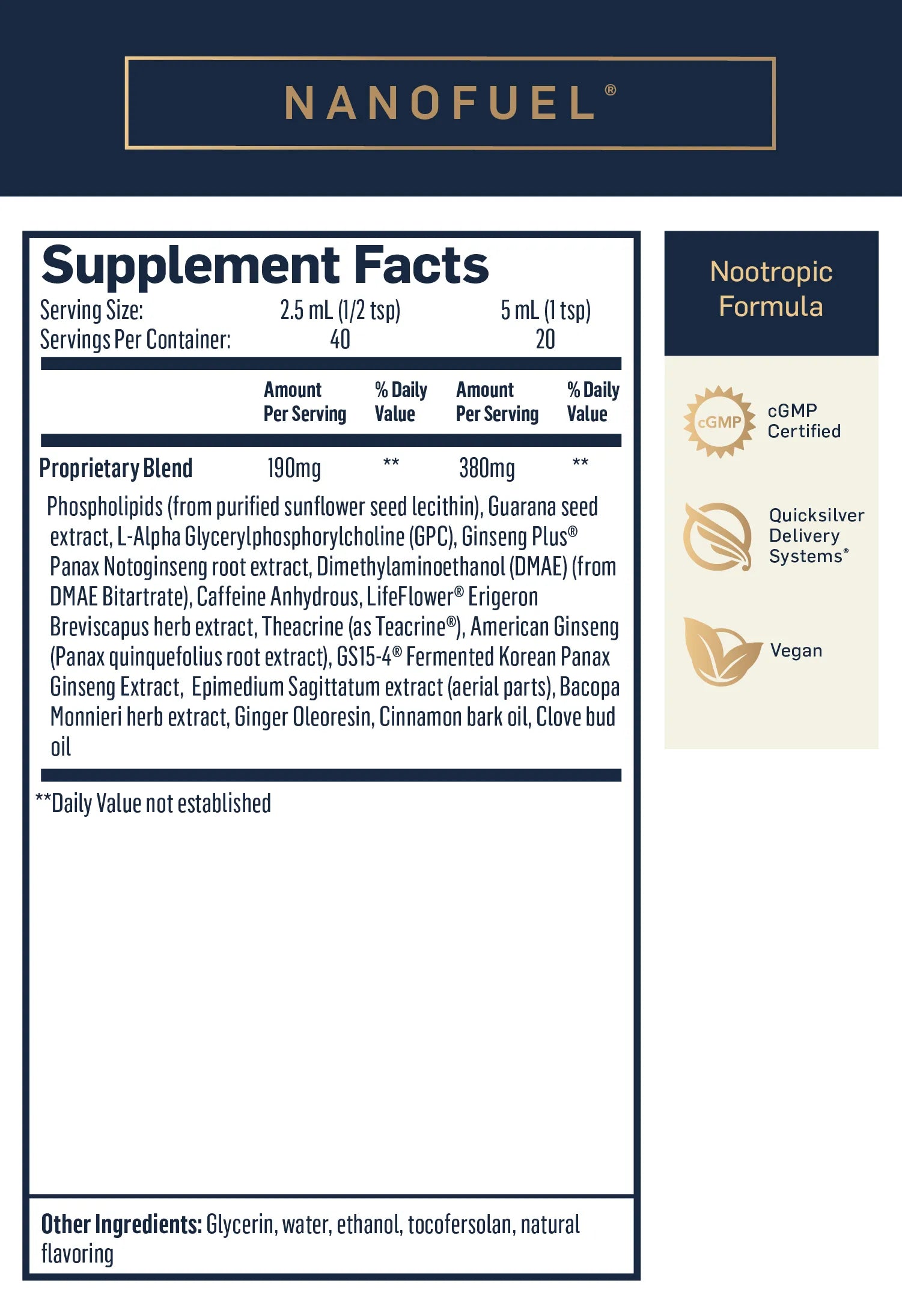 NanoFuel Nootropic Formula by Quicksilver Scientific Supplement Facts